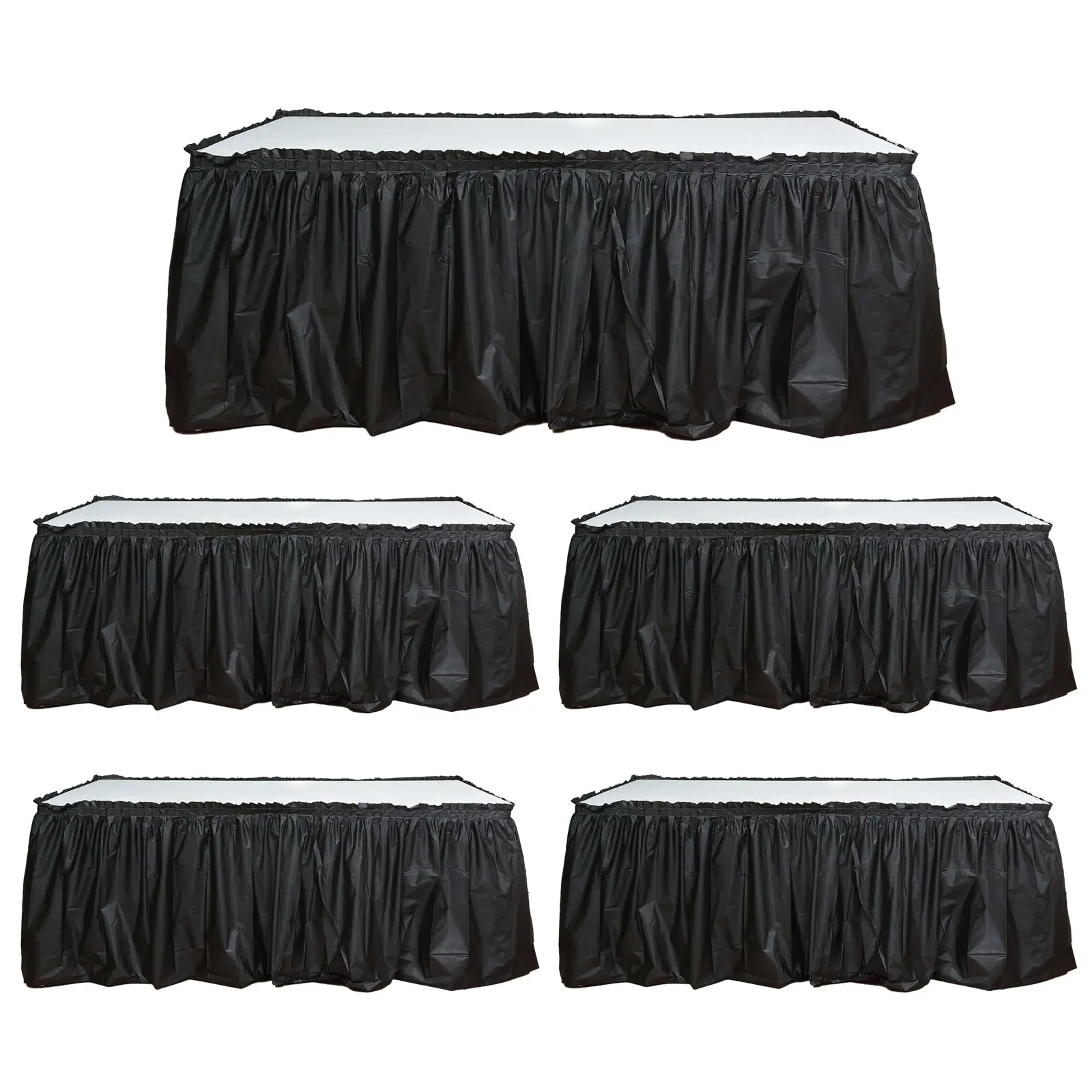 5-Pack Black Ruffled Plastic Table Skirts - 14ft Length Durable Disposable Outdoor Table Skirts for Wedding & Restaurant Events Decoration, Rectangular