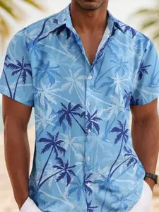 Men's Casual Coconut Tree Print Short Sleeve Shirt, Beachwear Tropical Summer Top, Blue Hawaiian Shirt, Aloha Button Shirt, Palm Tree Design