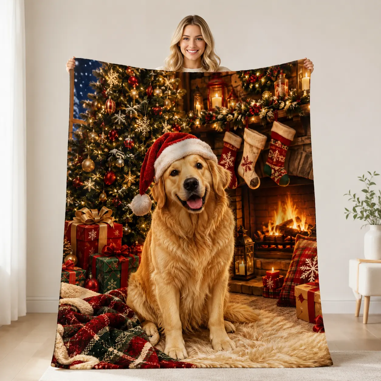 Golden Retriever Christmas Flannel Blanket - Home Decor Tapestry, Lightweight Warm Bedding for Sofas, Travel, Soft Home Supply