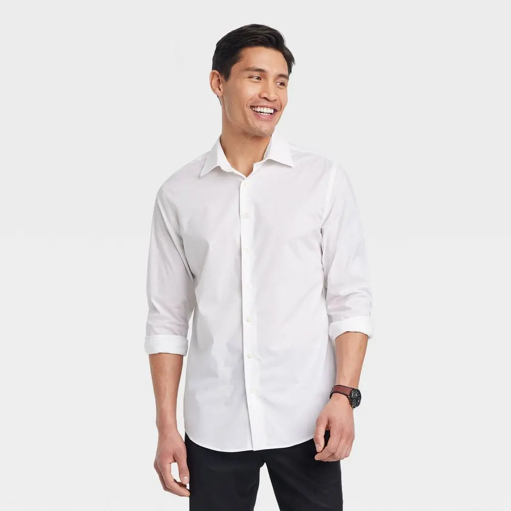 Goodfellow & Co Men's Comfy Stylish Collared Classic Performance Long-Sleeve Button-Down Dress Shirt - White L, Spandex-Blend, Sport-Ready, Ideal for Loafers & Tie Ensembles, Evening Wear