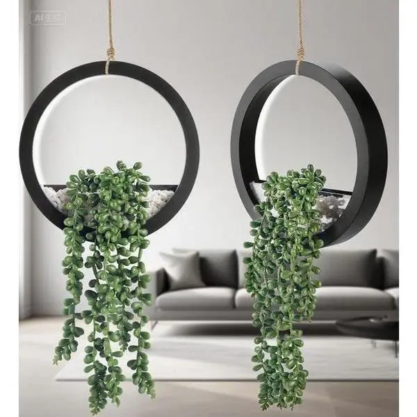 2 Pack Artificial Succulents in Black Pots - Hanging Fake Plants for Home Decor - Boho Wall Hanging Decor - Realistic Indoor Plants for Living Room & Bathroom - Reusable & Easy to Hang
