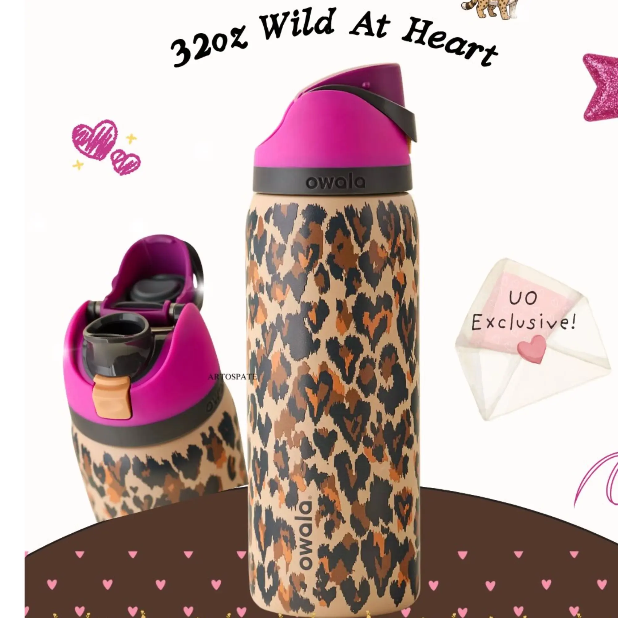 Owala UO Exclusive Wild At Heart FreeSip 32 oz Water Bottle Limited Edition Cheetah Leopard Print, Perfect Gift Idea