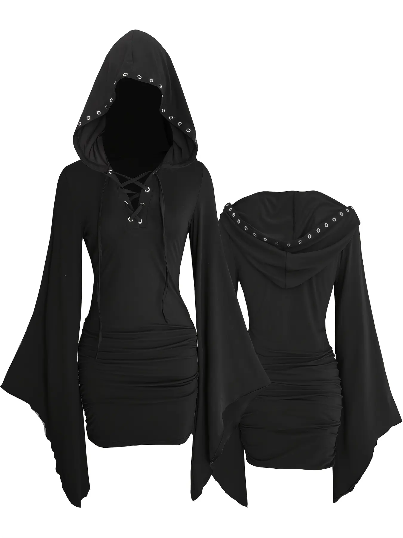 Gothic Style Aesthetic Oversized Sleeve V-Neck Bodycon Dress, Metal Eyelet Tie Decor Hat, Women's A-Line Skirt, Fashionable Party Wear, Womenswear