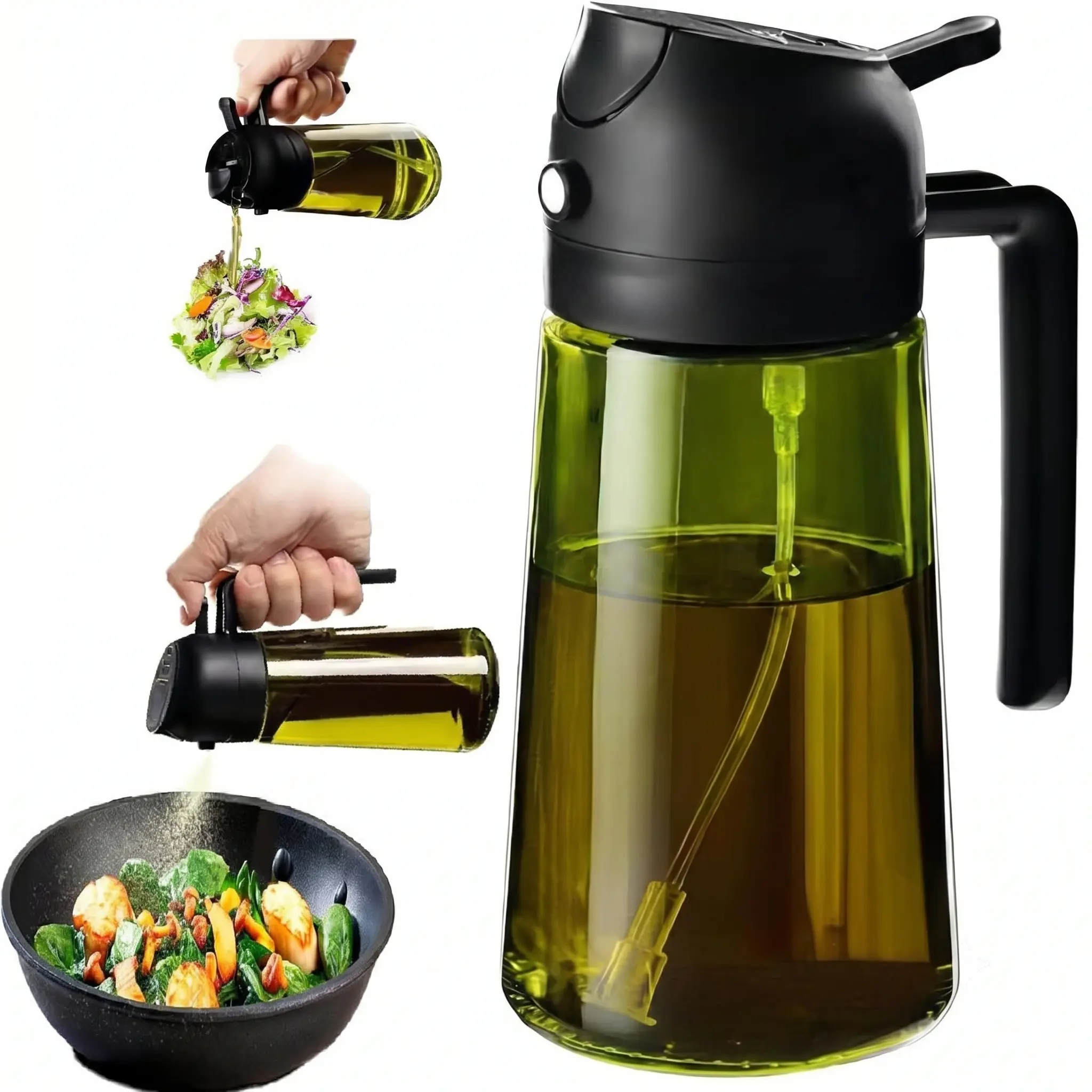 2-in-1 Design UV Protection Kitchenware Olive Oil Bottle & Reusable Oil Sprayer for Cooking, 15.9oz/470ml Easy-to-Clean Spray/Pour Container for Air Fryer, BBQ, Oil Mister Spray Bottle For Cooking