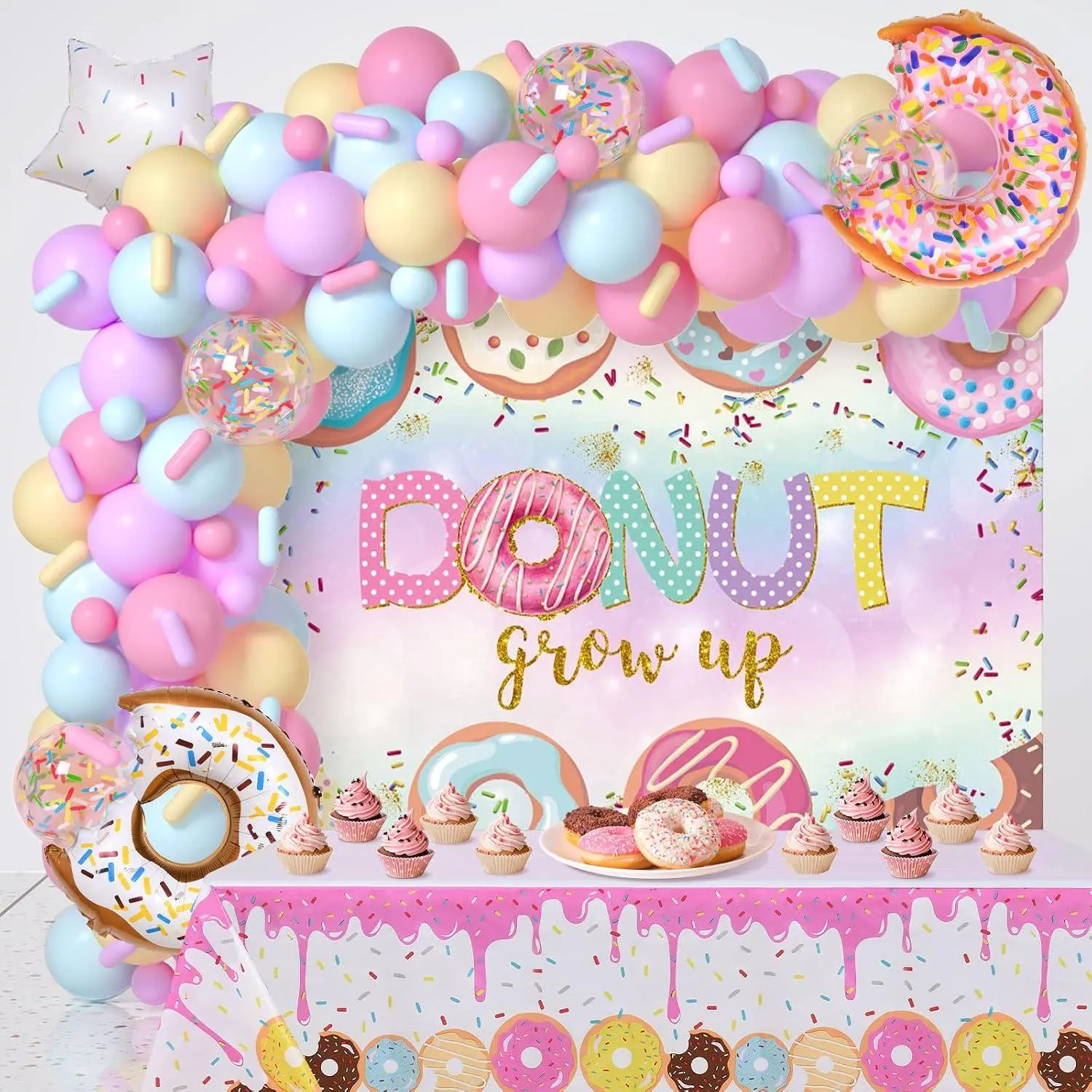 131Pcs Donut Birthday Party Decorations Supplies Donut Balloon Garland Arch Kit Donut Grow Up Backdrop Tablecloth Star Sprinkle Balloons Baby Shower Sweet One Donut Party Decorations For Girls