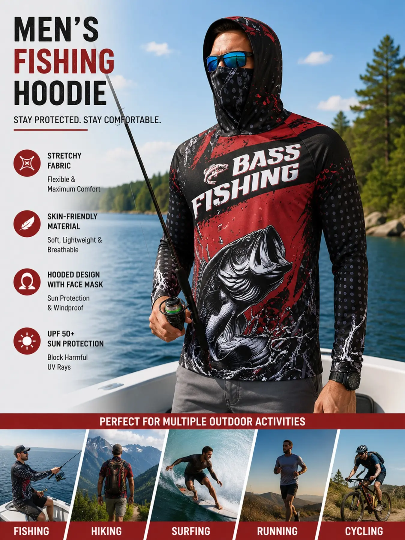 Men's Upf50+ Salmon Fishing Jacket with Neck Cover, Quick-Dry Long Sleeve Sun Protection Clothing, Fishing Clothes, Outdoor Fishing Gear, Outdoor Sports Top