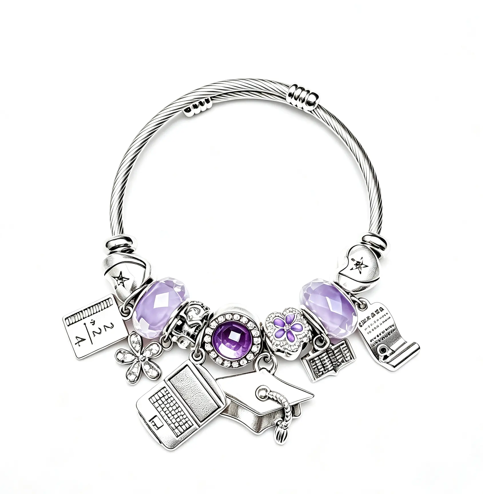 Graduation Commemorative Charm Bracelet | Twisted Rope Silver Bangle with Cap/Laptop/Book Charms (Blue/Purple Options)