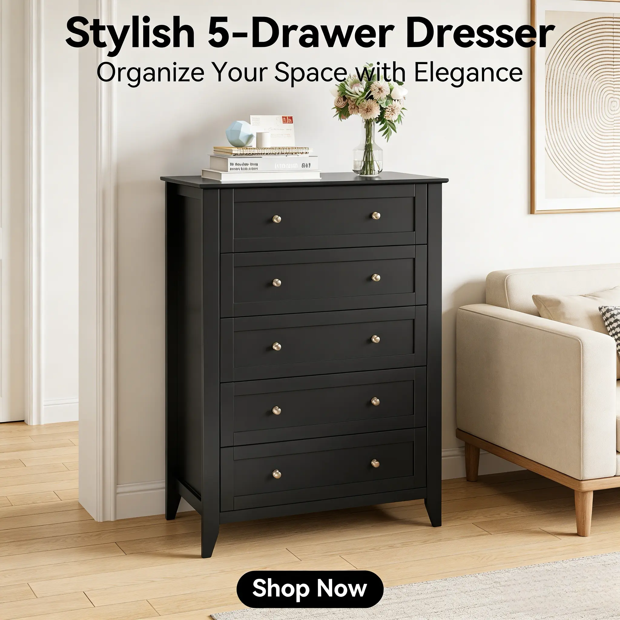 LH-Modern 5-Drawer Dresser for Bedroom Storage Chest of Drawers with 8 Fabric Bins Steel Frame Wooden Top Cabinet Clothes Closet Space Saving Living Room Hallway Office Black