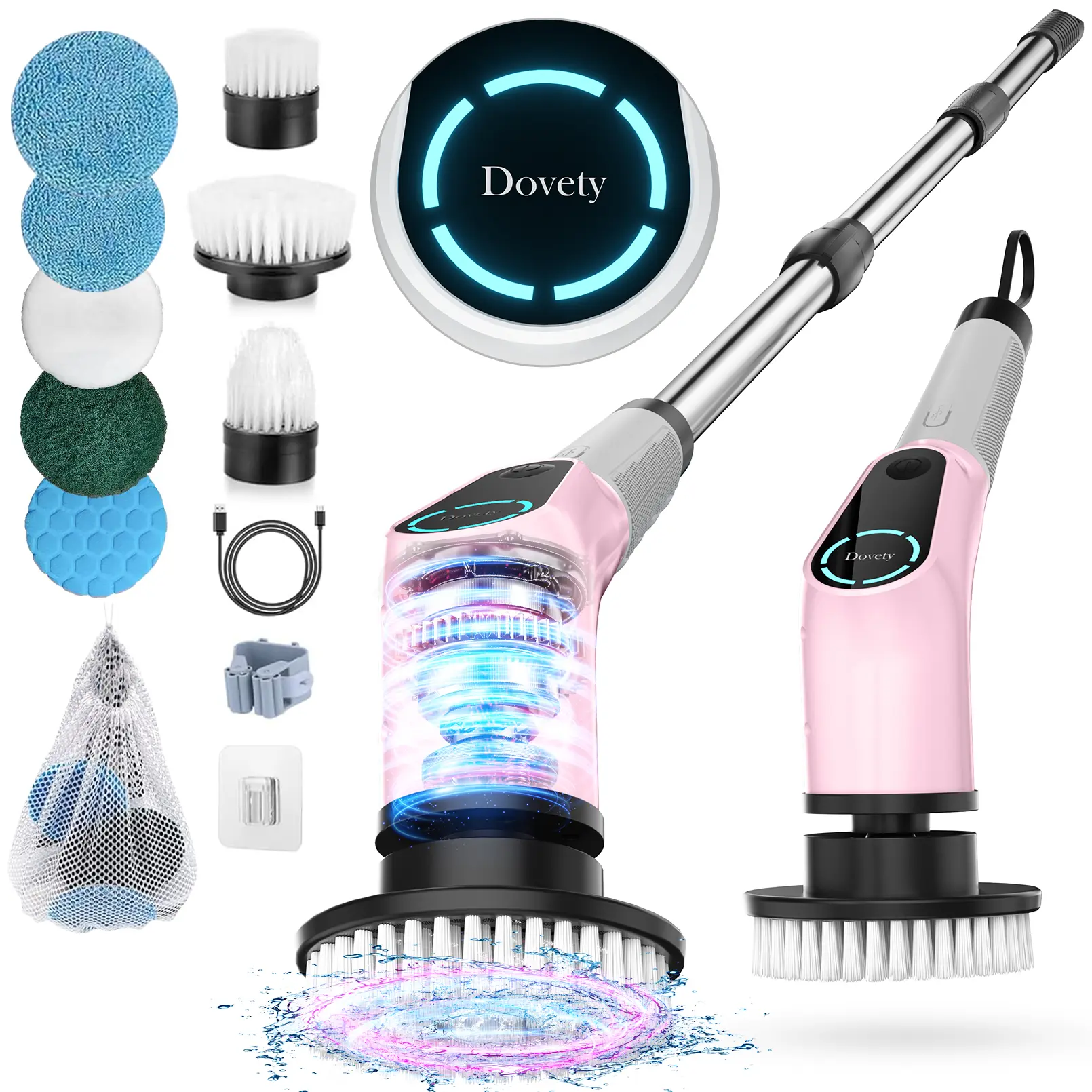 Dovety Cleaning Brush Electric Spin Scrubber, Cordless Shower Scrubber, with 4 Replaceable Brush Heads 3 Adjustable Extension Handle, 2 Adjustable Speeds for Bathroom, Tub, Tile, Floor, Toilet, Household Kitchen Cleaner Supplies Rechargeable