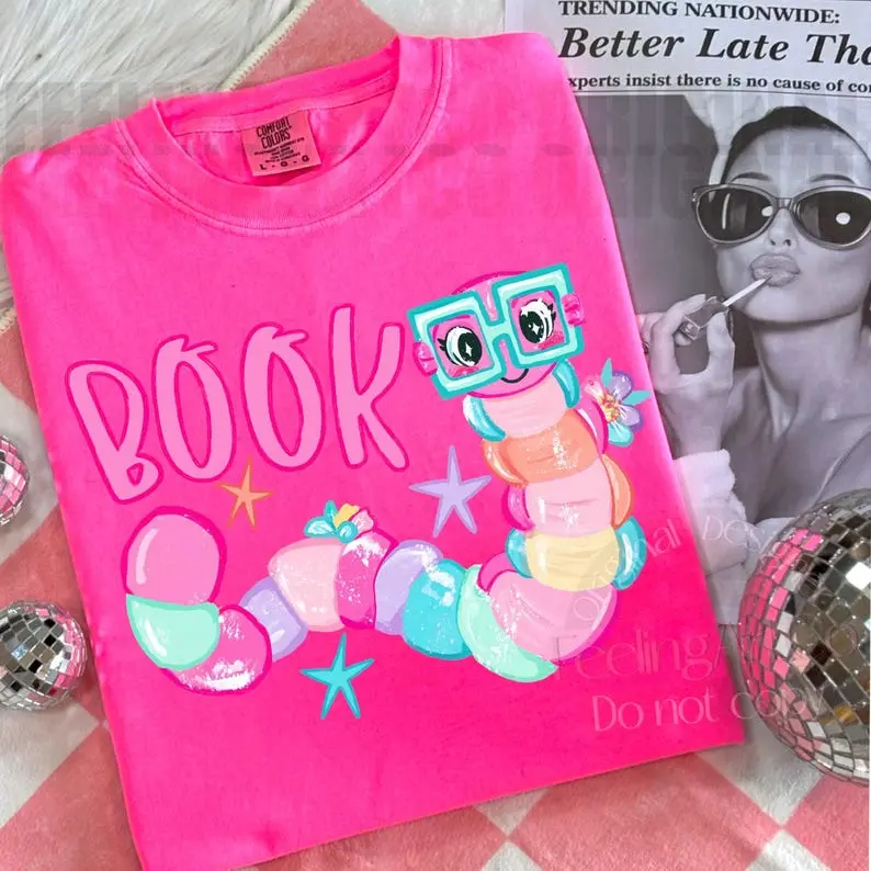 [Custom] Comfort Colors Reading Worm Shirt, Book Lover Tee, Preppy Reading Graphic T-Shirt, Teacher Librarian Shirt, Reader Gift