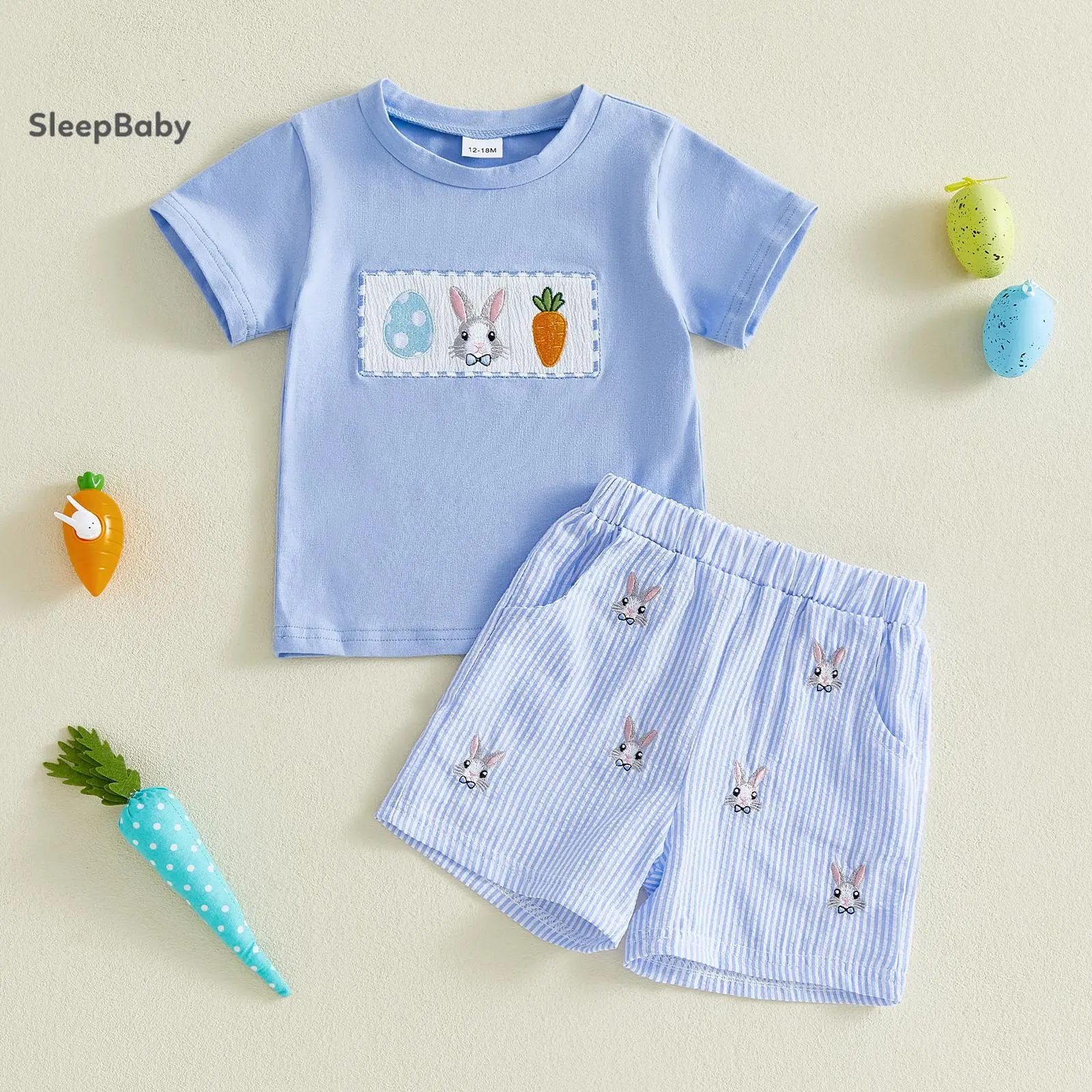 Easter Boys 2 Piece Outfits Summer Adorable Bunny Eggs Embroidery Short Sleeve Round Neck Tops and Shorts Organic Cotton Short Sleeve Set