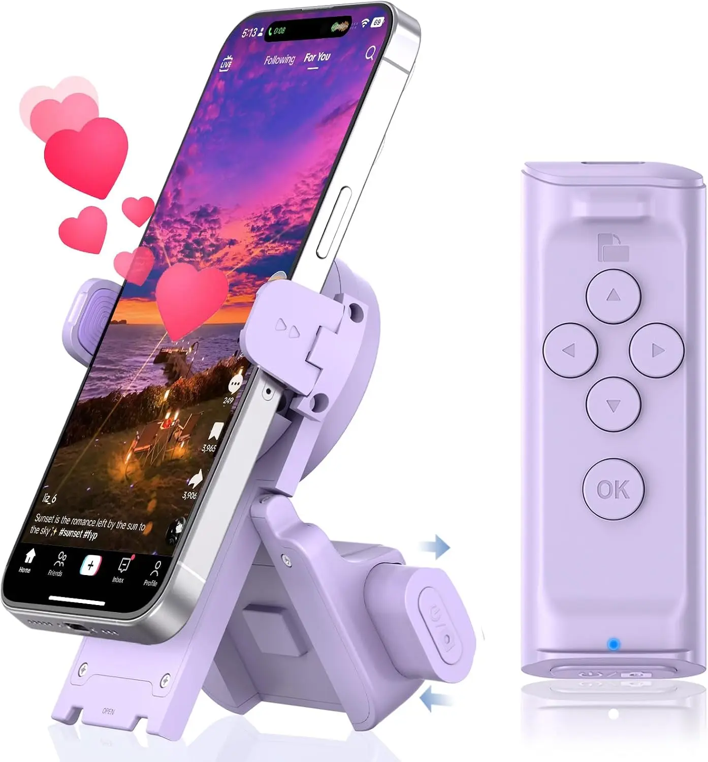 MILOUZ Remote Control Scrolling for Tiktok with Phone Stand,Page Turner for Kindle App E-Book,Bluetooth Camera Shutter Remote for Iphone, Android,Ios,Ipad,Tablet (Purple)