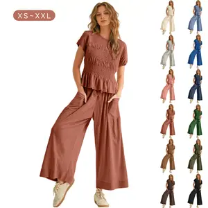 SCUSTY Women's 2-Piece Smocked Top & Wide-Leg Pants Set High-Waisted Lounge Outfit with Pockets Casual Boho Matching Set Minimalist Basic Kleinblue Crewneck Clothes Suits Fitted Trouser