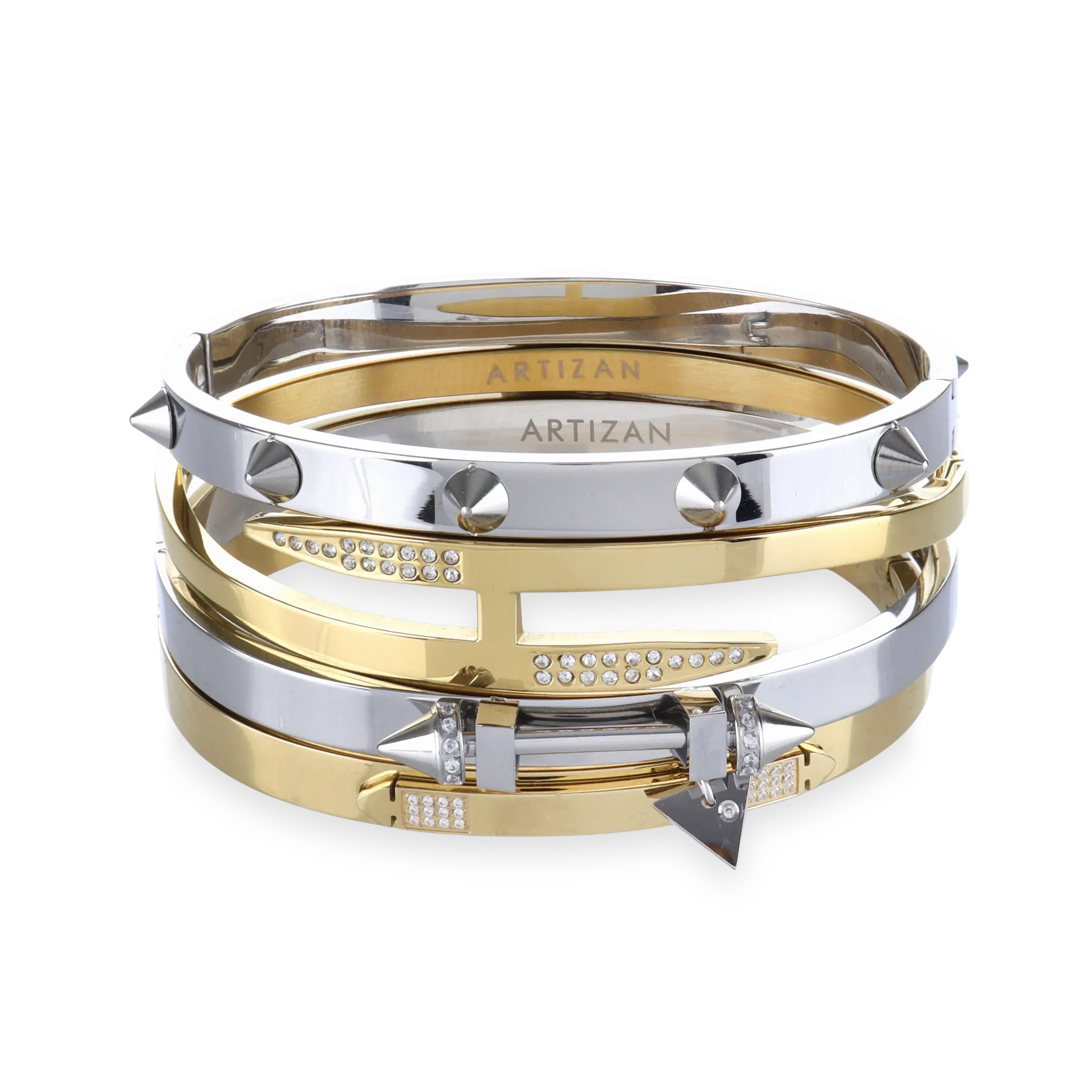 Spiked Armor Multi-Bangle Stack Set - Tarnish-Proof Water-Resistant Costume Jewelry with Gold Chunky, Studded, Zirconia Accent Designs for Bracelet Stacking & Everyday Wear