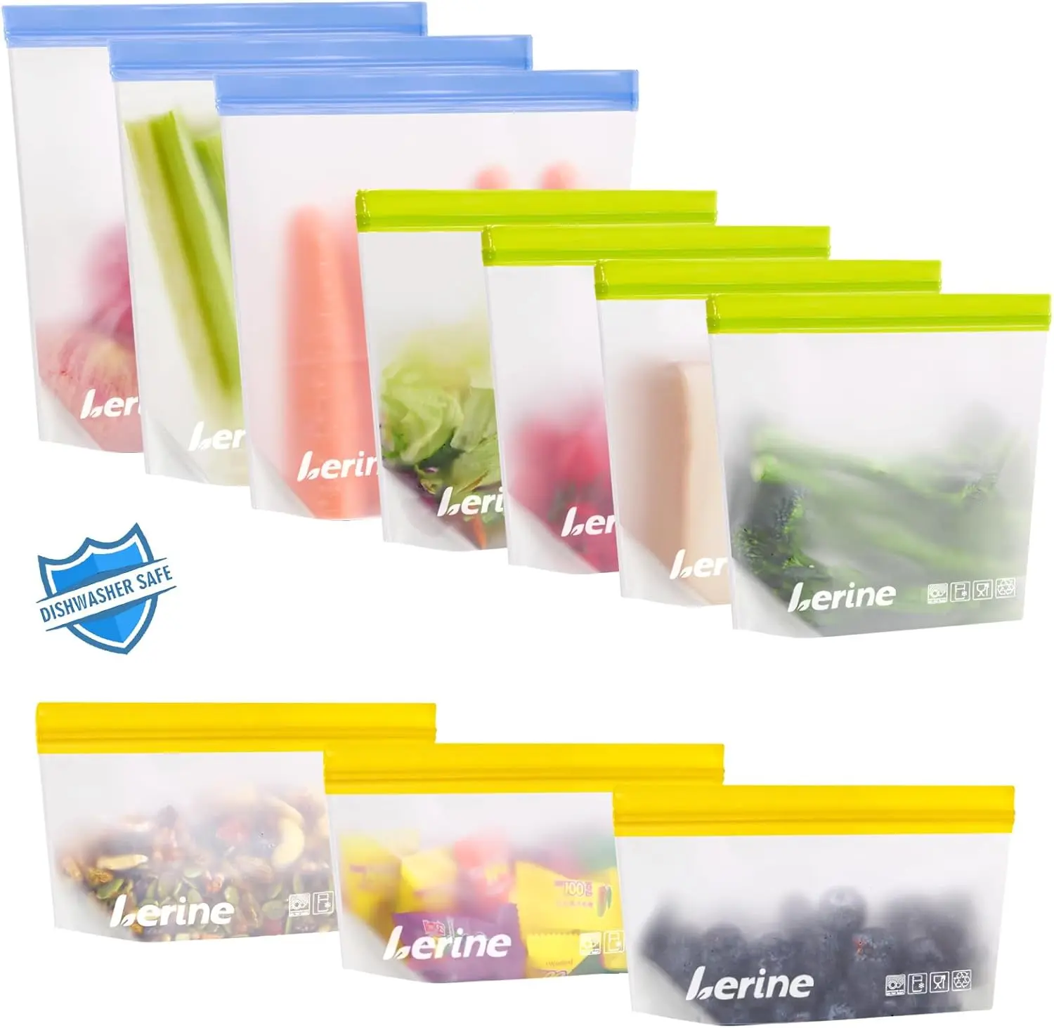 Lerine 10 Pack Stand-Up Reusable Freezer Bags, Leakproof Dishwasher Safe Food Storage Bags, BPA Free Reusable Gallon Bags for Marinating, Meal Prep (Multicolor, 3 Gallon 4 Sandwich 3 Snack)