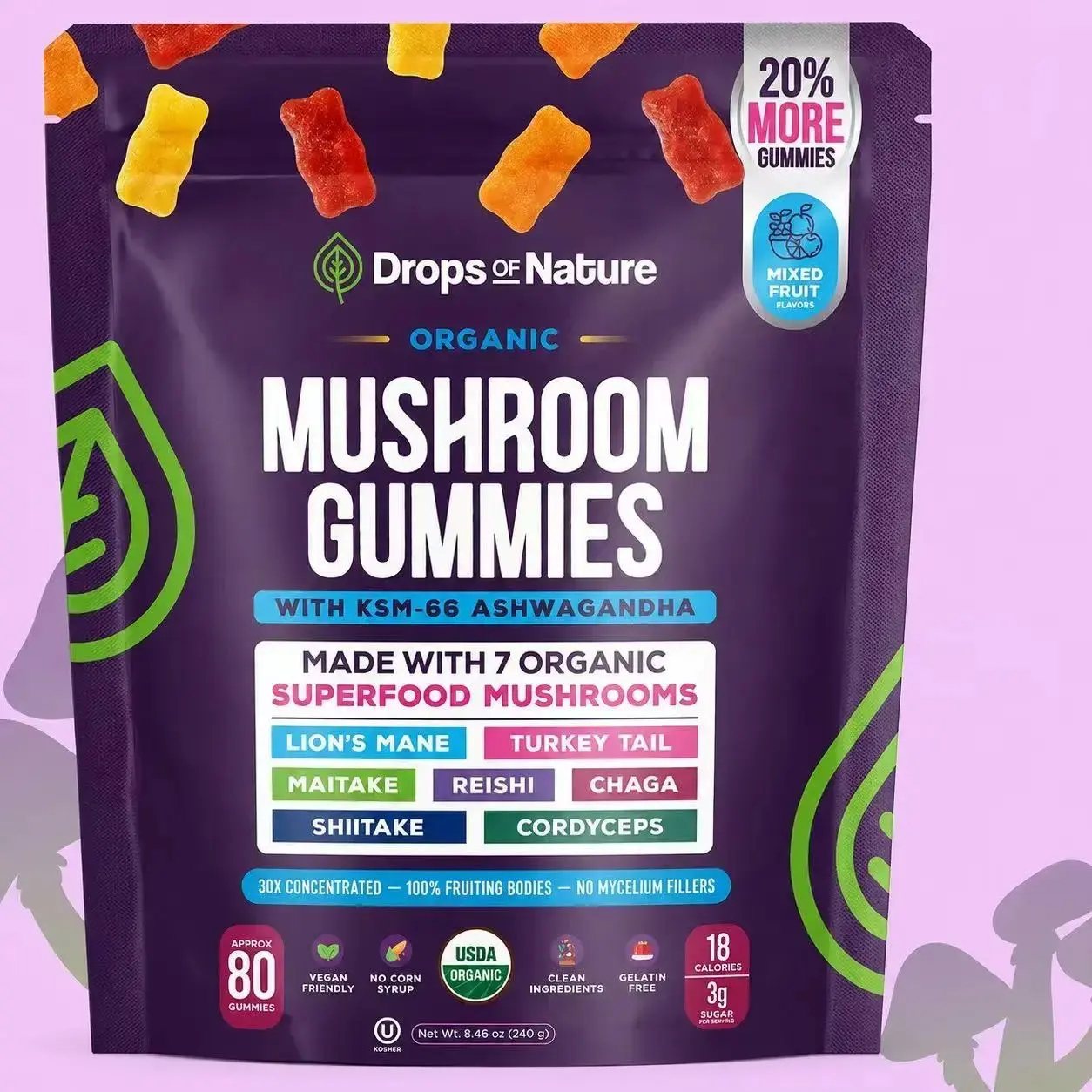 Drops Of Nature Ashwagandha KSM-66 Mushroom Complex Gummies | Reishi, Lion's Mane, Cordyceps, Chaga, Turkey Tail, Maitake, Shiitake Mushroom Supplement | Mixed Fruit Flavor, 80 Chewable Gummies Dietary Natural Fitness Vitamin Edible