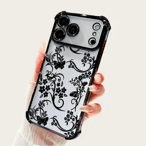 Elegant Floral Vines Pattern Four Corner Anti-Fall Phone Case Transparent Electroplated Protective Cover for iPhone 17 Pro Max Air 16 15 Plus 14 13 12 11 E Slim Lightweight TPU Case with Full Lens Protection