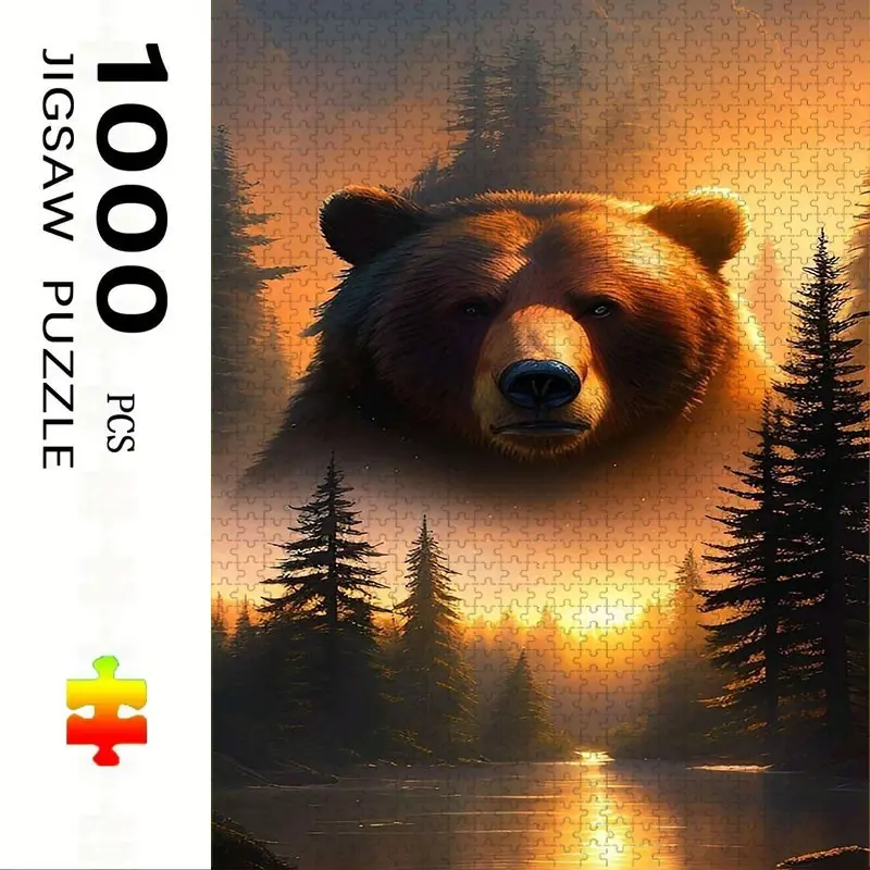 1000 Piece Sunset Forest Bear Shadow Puzzle, Large Adult Family Interactive Toy, DIY Home Decor Brain Challenge, Holiday Scene, Perfect Gift