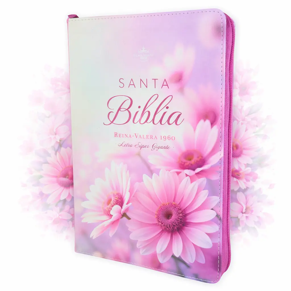 Biblia  para Mujer con Cierre Letra Super Gigante 19 puntos Mediana RV1960 imit piel duotono blanco y rosa margaritas con indice y canto floral
