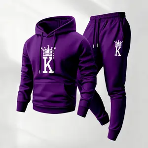 Men's King Patterned Hoodie And Drawstring Track Pants Set, Men's Casual Athletic Long-Sleeved Hooded Jacket And Pants, Suitable For Fall And Winter, Street Style Hoodie Set, Everyday Wear, Indoor And Outdoor Sportswear
