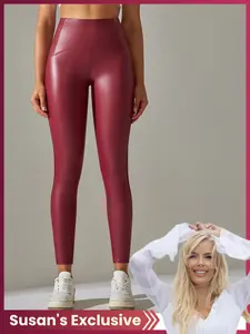 【Susan Exclusive】Women's High-Waisted Slim-Fit PU Leather Pants, Sporty Style, Plain Pattern, Fall & Winter Wear, Comfortable Fit, Shaping Leggings
