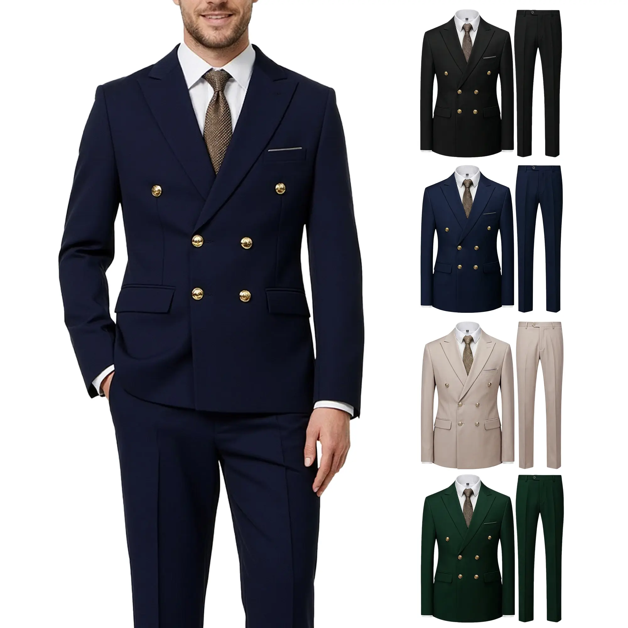 Men’s Classic Double-Breasted Suit Set – Slim Fit Blazer and Pants with Gold Button Detail, Formal Business Outfit for Office, Wedding & Events