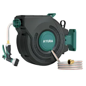 Retractable Hose Reel, 100 FT Max Length, Heavy Duty Garden Hose Reel with 8 Spray Patterns Nozzle, 180° Rotating Wall Mount, Any Length Lock & Slow Return System
