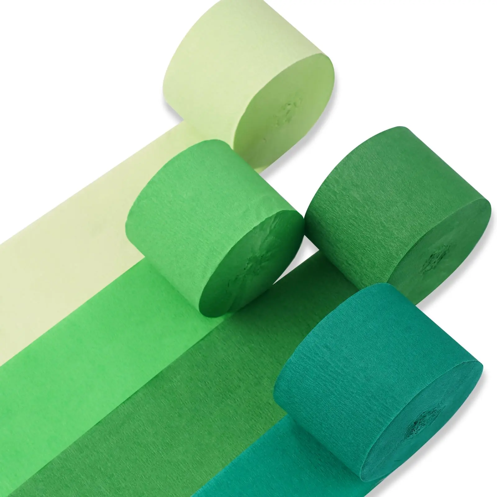 PartyWoo Thickened Pre-Rolled Green Crepe Paper Streamers, 4 Long Rolls (1.8 in x 82 ft Each, 328 ft Total) - Dark, Light, Pastel, Lime Shades, Easy Hanging Decor for Graduation, Jungle Parties, Doors, Windows, Fireplaces