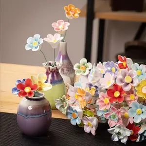 Handcrafted Ceramic Floral Set Colorful Blossoms & Glazed Mini Vases Cute Table Decor for Home Bright Red Pink Blue Flowers with Shiny Vases Ideal for Shelves Desks or Dining Tables Durable Eye-Catching Accent Pieces