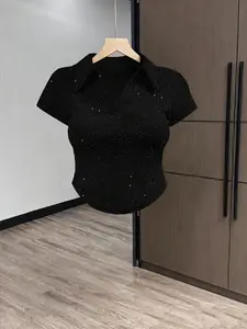 Women's Silver Color Sequins Short Sleeve Polo Shirt, Summer Sweet Cool Style, Slim Fit Design, Casual Wear for Daily Commute & Dates