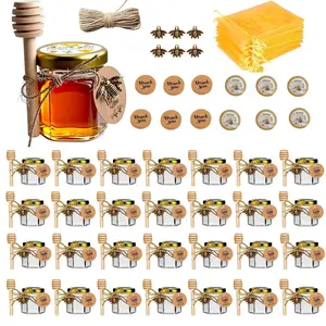 30-Pack 1.5oz Hexagon Mini Honey Glass Jars Set with Gold Lids, Dippers, Bee Pendants, Gold Gift Bags, Ropes, Thank You Tags & Cover for Baby Shower, Wedding Party Favors