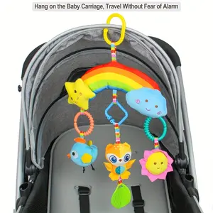 Rainbow Soothing Plush Toy Car Bed Hanging Bell, Cute Cartoon Creative Car Bed Hanging Rainbow Rattle Car Seat & Stroller Toys Sensory Clips