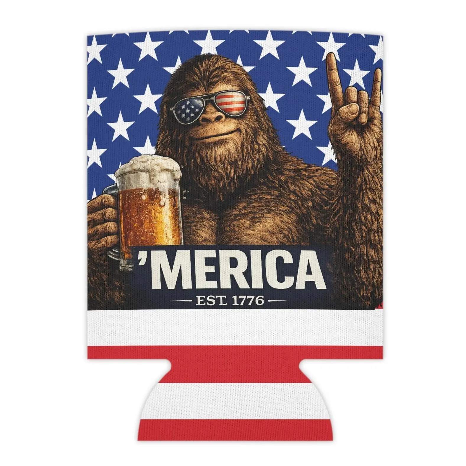 ’Merica Bigfoot Beer Can Sleeve – Funny Patriotic Drink Insulator – Fits 12oz & 16oz Cans – Party, BBQ & Gift Favorite