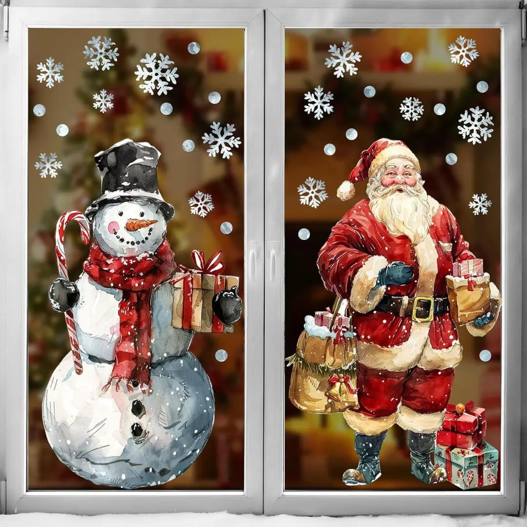 Christmas Window Clings Decorations: 2 Sheets Extra Large Santa Claus Snowman Window Clings with Snowflakes, Watercolor Rustic Xmas Stickers for Kids…