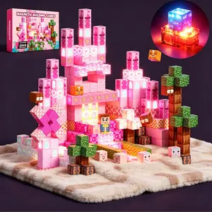 Pink Princess Castle Magnetic Building Blocks with LED Lights, Magnetic Building Cubes – 200/150/100PCS Light Up Magnetic Tiles Set, STEM Montessori Sensory Toys for Toddlers, Girls Birthday Christmas Gift for Ages 3+