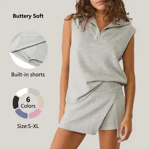 NVWA Women's 2-Piece Loose-Fit Athletic Sports Clothing - Summer Sleeveless Half-Zip Sweatshirt & Skorts Tennis Outfits, Cooling Quick-Drying Figure-Flattering Casual Gym Wear for Outdoor Sports & Fitness