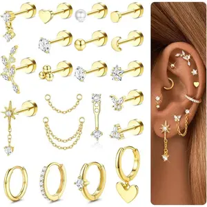 CASSIECA 21Pcs Earring Stacking Set Dainty Fashion Jewelry Surgical Steel Multiple Pieces Piercing Earrings with Zircon Gems, Gold-Silver Hoops, Studs for Helix, Cartilage, Tragus, Conch Summervibes