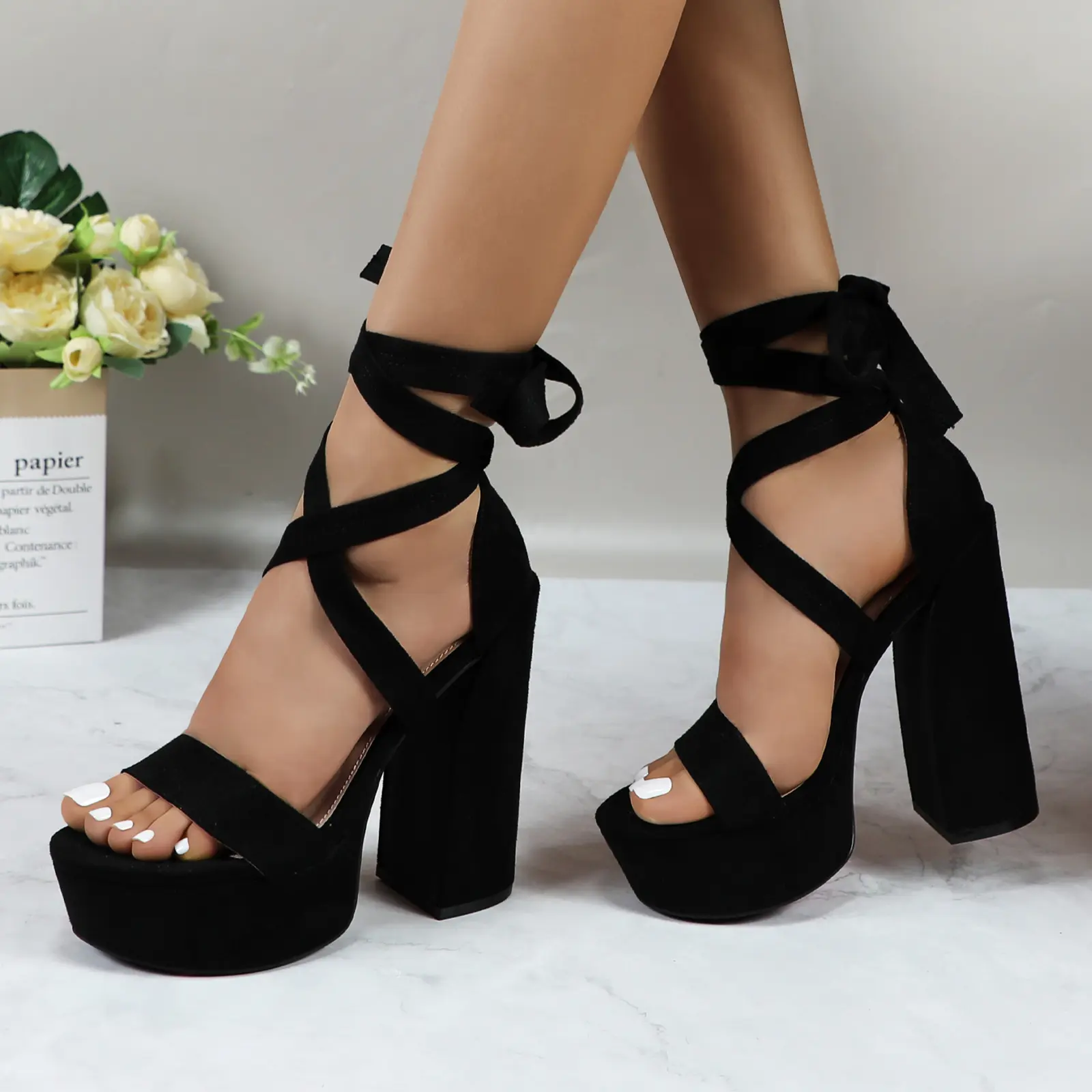 Women's Classy Platform Sandals, Elegant Faux Suede Shoe with Strappy Laces for Evening Party & Wedding, Stylish, Fashion, High Heel Pumps, Heeled, Footwear, Block, High Heels, Block Heel