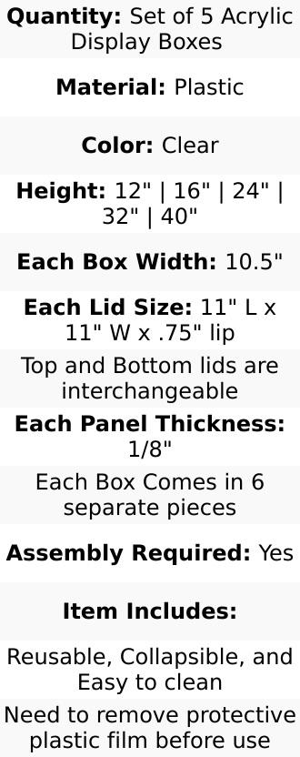 Set of 5 Clear Acrylic Pedestal Risers, Transparent Display Boxes with Interchangeable Lid and Base 12",16",24",32",40"