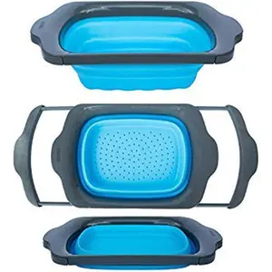 XL Large Kitchen Strainer - Collapsible  Over - The-Sink Colander with Extendable Handles - Use with Pasta, Fruit, Berries & Veggie - 6 Quart - Blue