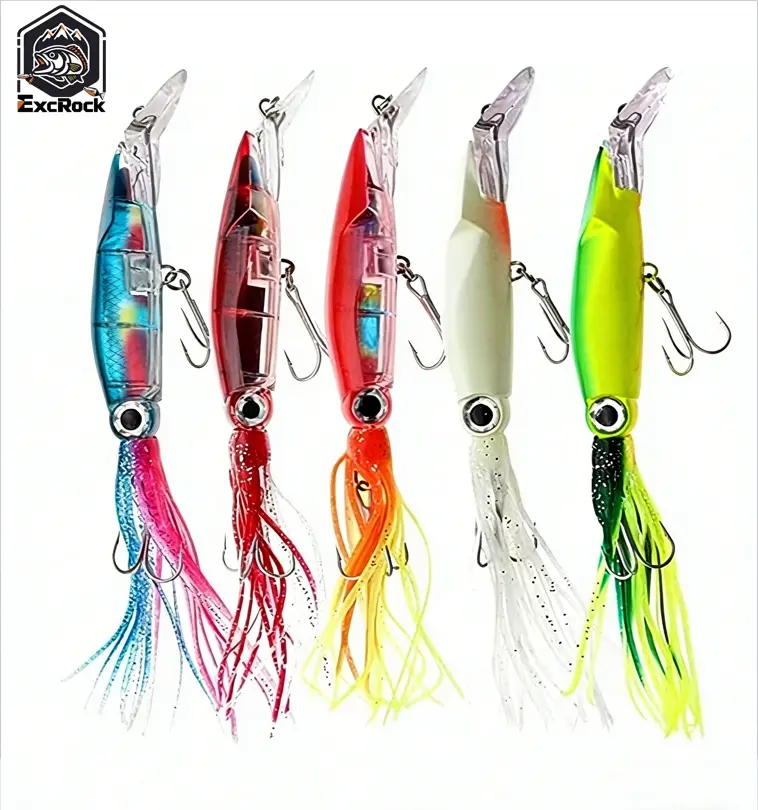 EXCROCK 5PCS Large Simulation Squid/Octopus Fishing Lures Bait Kit,3D Holographic Eyes,Built-in Multicolored Lead Blocks Through Heavy Duty,Stable and Tempting