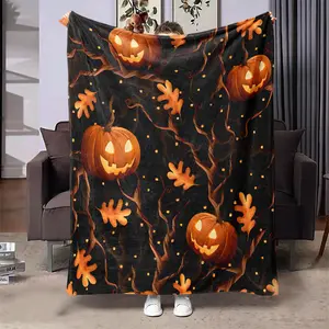 Pumpkin Themed Blanket, 1 Count Soft Throw Blanket, Air-conditioned Room Blanket, Warm Nap Blanket for Home Office Travel Camping, Halloween