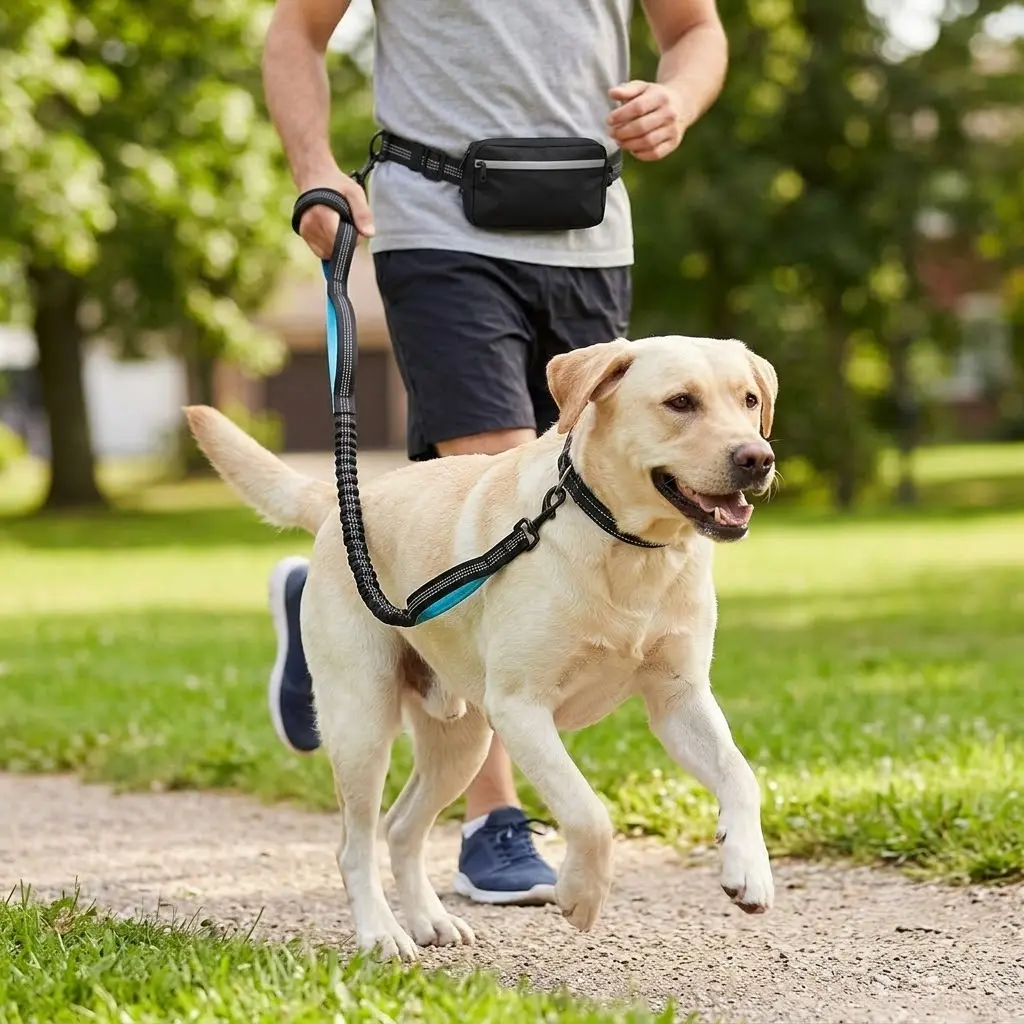 Hands-Free Dog Leash With Zippered Pocket Elastic Bungee Lead For Large Dogs Black