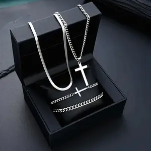 4pcs Men's Stainless Steel Cross and Twist Chain Necklace Bracelet Set / Casual Fashion / Suitable for Casual Attire or Date Night Gift / Casual Attire / Sleek Design