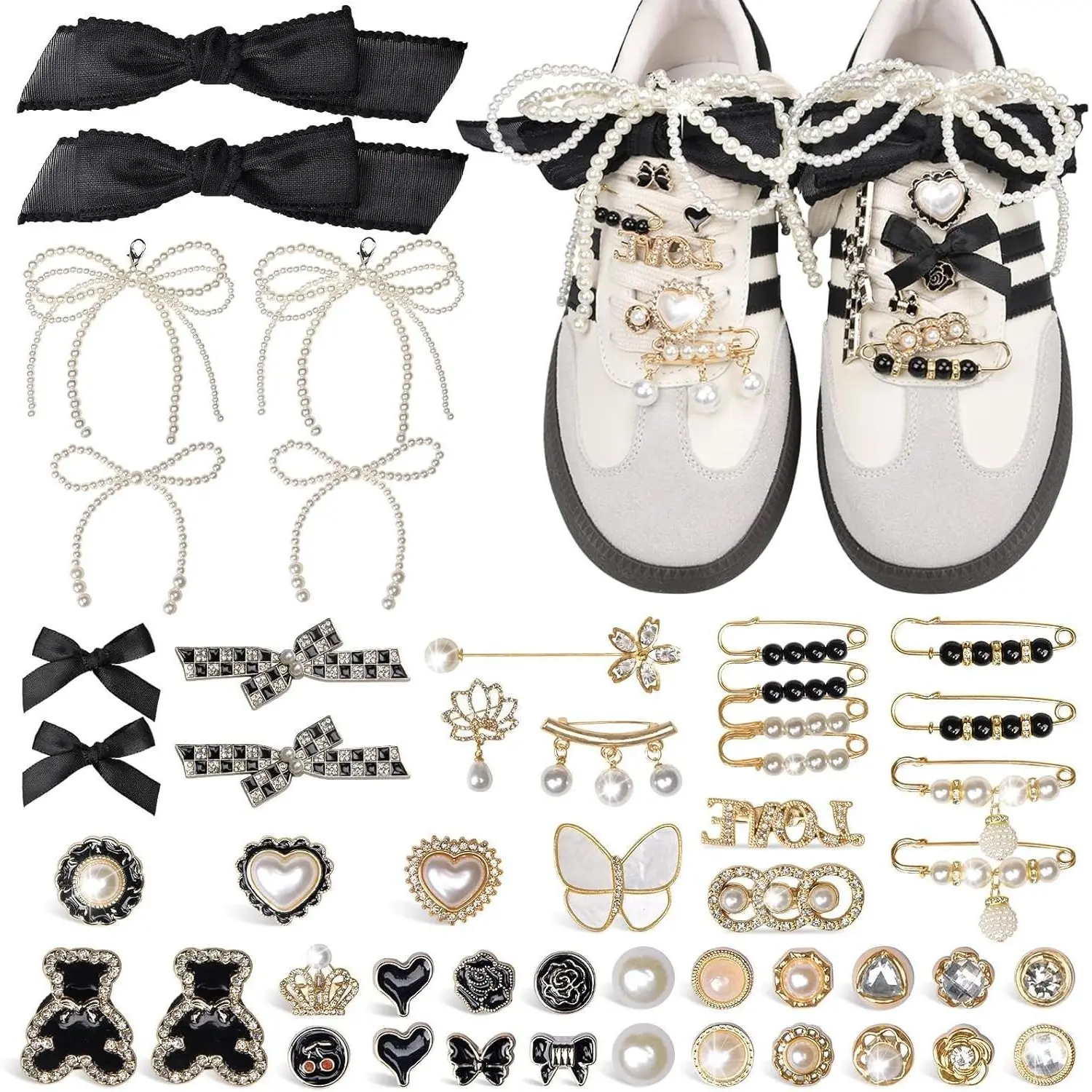 X-BY28 51 PCS Shoe Charm for Sneakers, Junk Socks Charms Kit, Shoelace Charms Contain Pearl, Clips, Black Bows, Jewelry, Shoe Decoration Charms for Women Bag/Hat Footwear Bedroom Daddy Bridal