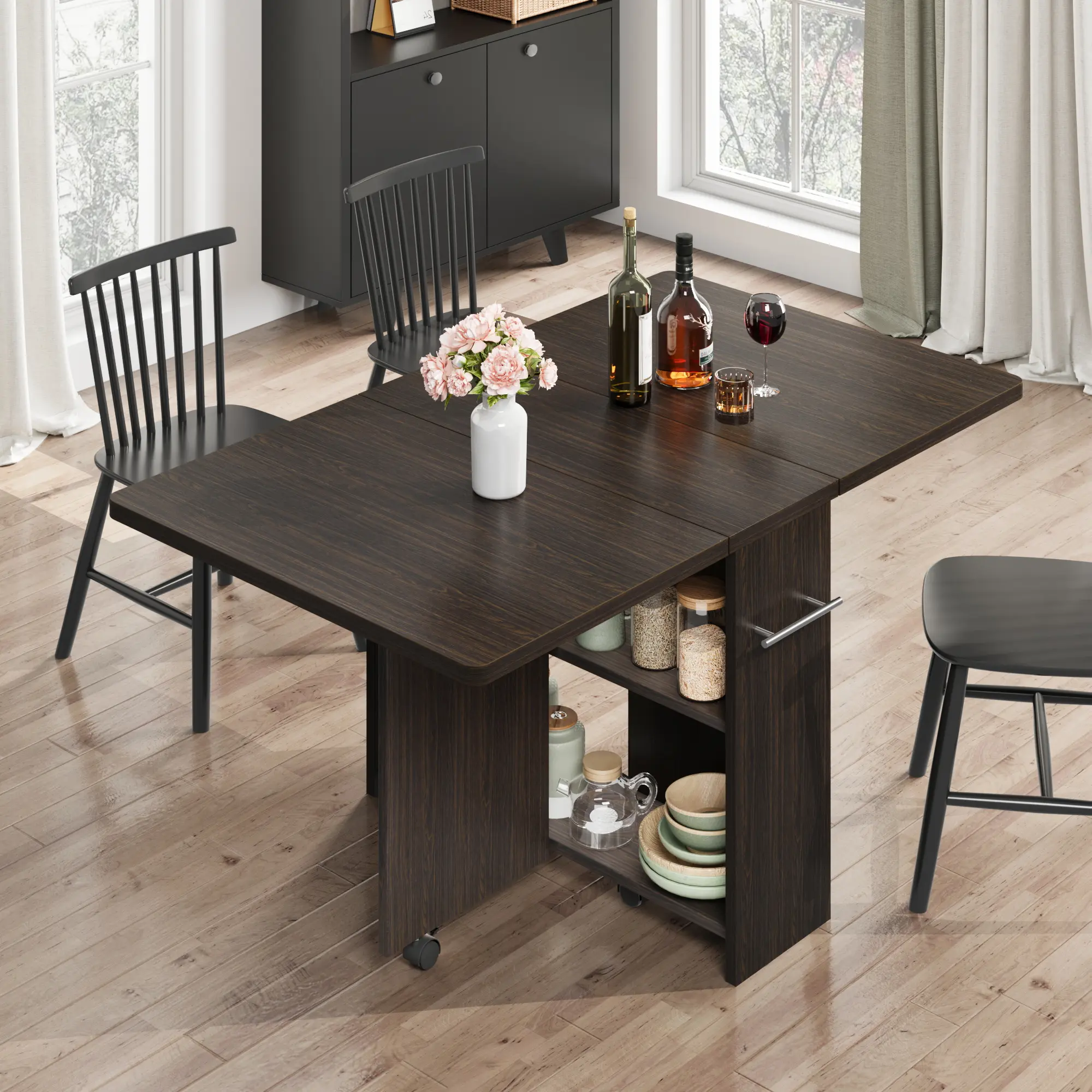 Space-Saving Drop Leaf Folding Dining Table with 2-Tier Storage Shelf & Rolling Wheels, Extendable Multi-Purpose Collapsible Table for 4-6 People, Ideal for Kitchen, Dining Room & Game Room