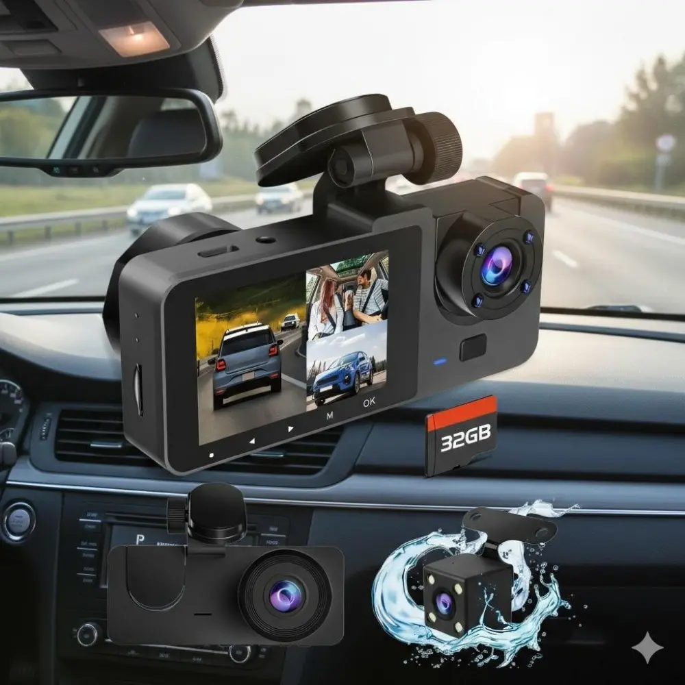 3 Channel Dash Cam Full HD 1080P: Triple Lens Car Camera with Front Rear Inside Recording, Night Vision Wide Angle, Parking Monitor, Loop Recording G-Sensor, Screen Video Recorder Automotive Dashcam for Trucks Cars SUVs