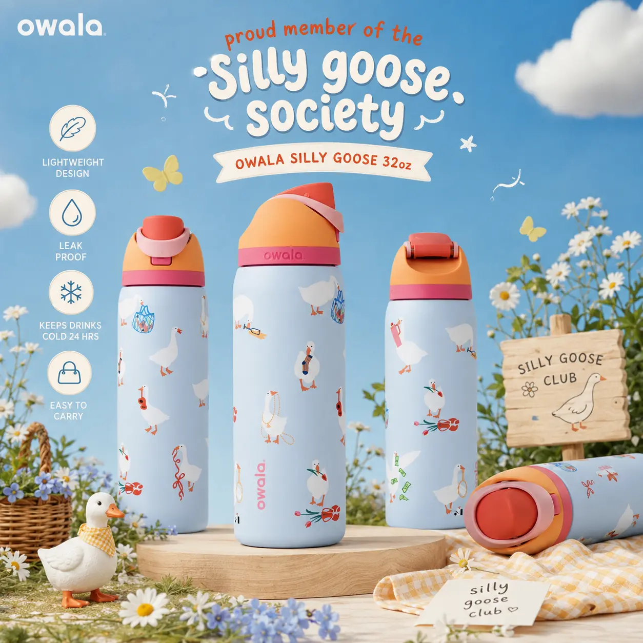 Owala Silly Goose 32oz FreeSip Water Bottle – Limited Edition Insulated Stainless Steel Bottle with Straw and Carry Loop