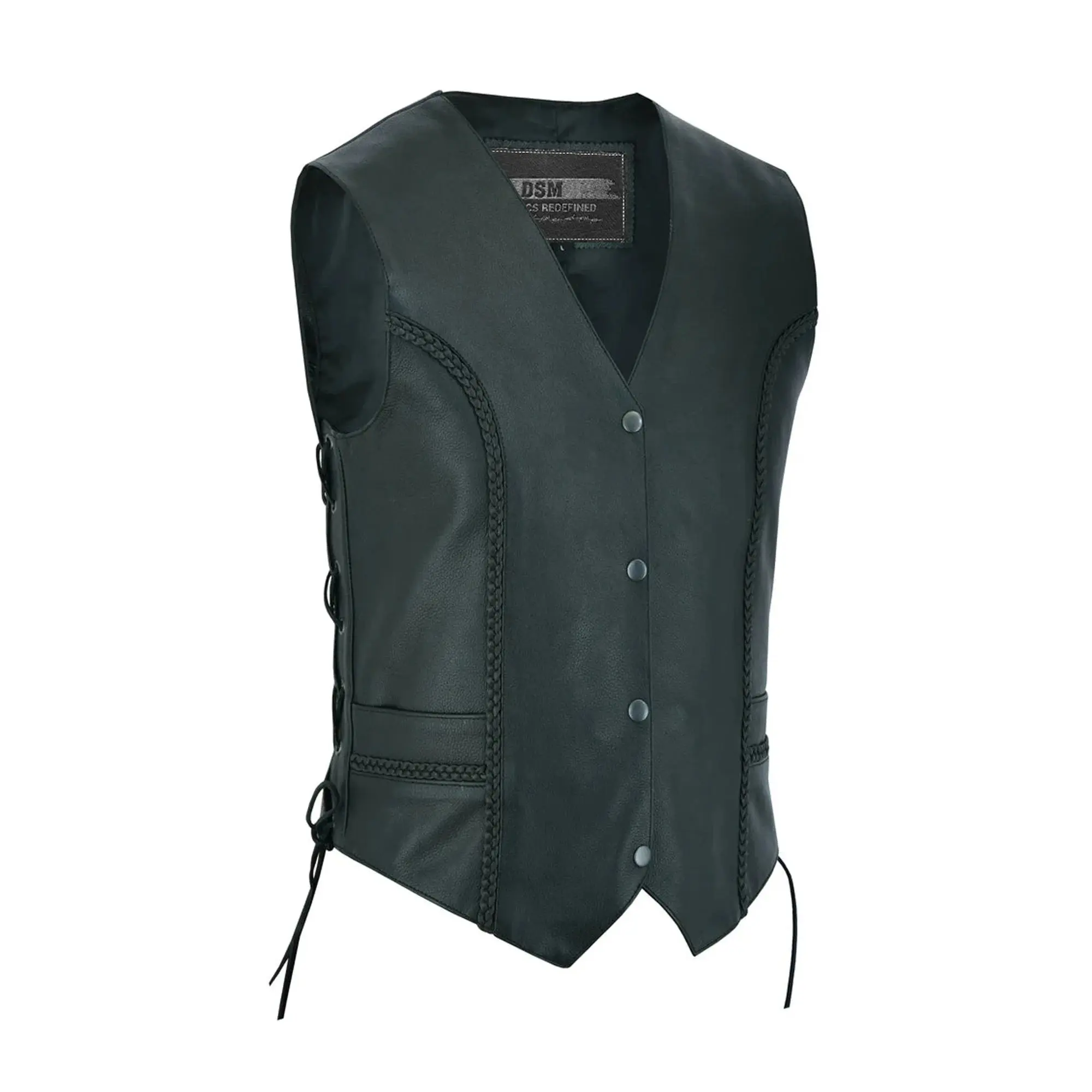 DANIEL SMART Miles Queen Women's Motorcycle Leather Riding Vest - 1.1-1.2 mm Soft Milled Cowhide, Braid Detailing, Snap Closure, 2 Hand Pockets (Hand Storage), Heavy Duty Liner, Black, Sizes S-6XL, Laced Protective Gear, S/V Neck, MC-Inspired Edge, 3Xl