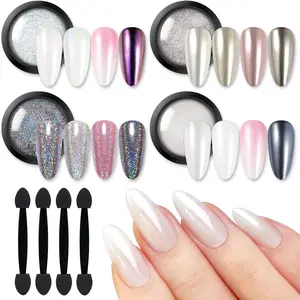 Chrome Nail Powder,White Pearl Metallic Mirror Holographic Chrome Powder for Nails,Pearl Glitter Pigment Dust Kit Nail Art Decoration Sets springtok